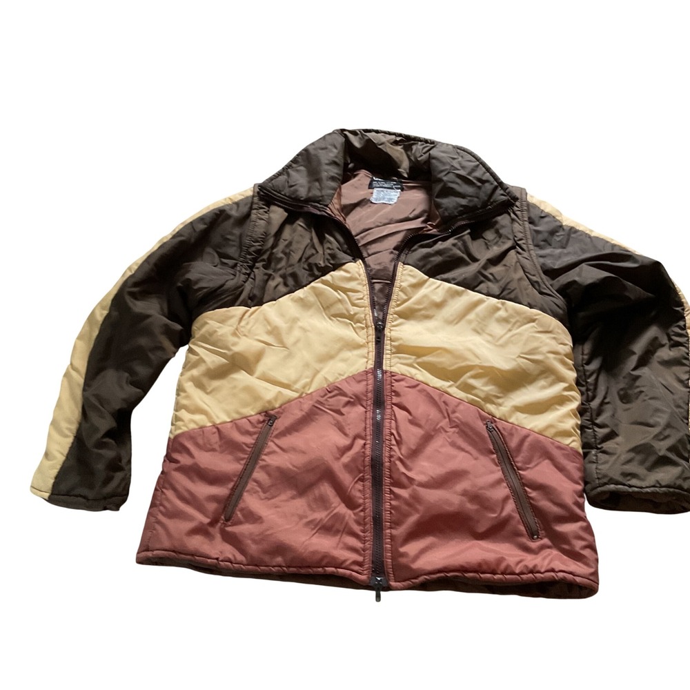 Vintage Challenger Colorblock Puffer Jacket Brown Tan Rust Convertible Vest L